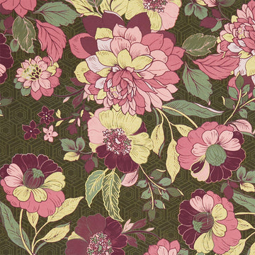 Imperial Collections - Graceful Cranes Flat Floral Forest Metallic Yardage