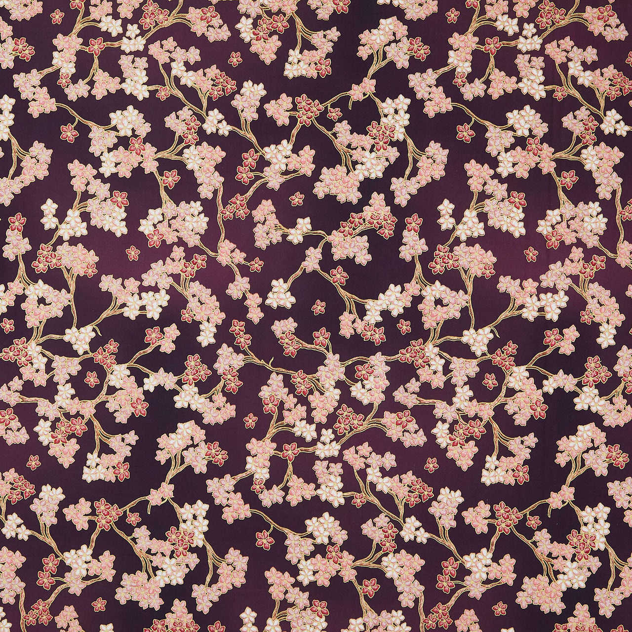 Imperial Collections - Graceful Cranes Cherry Blossoms Plum Metallic Yardage