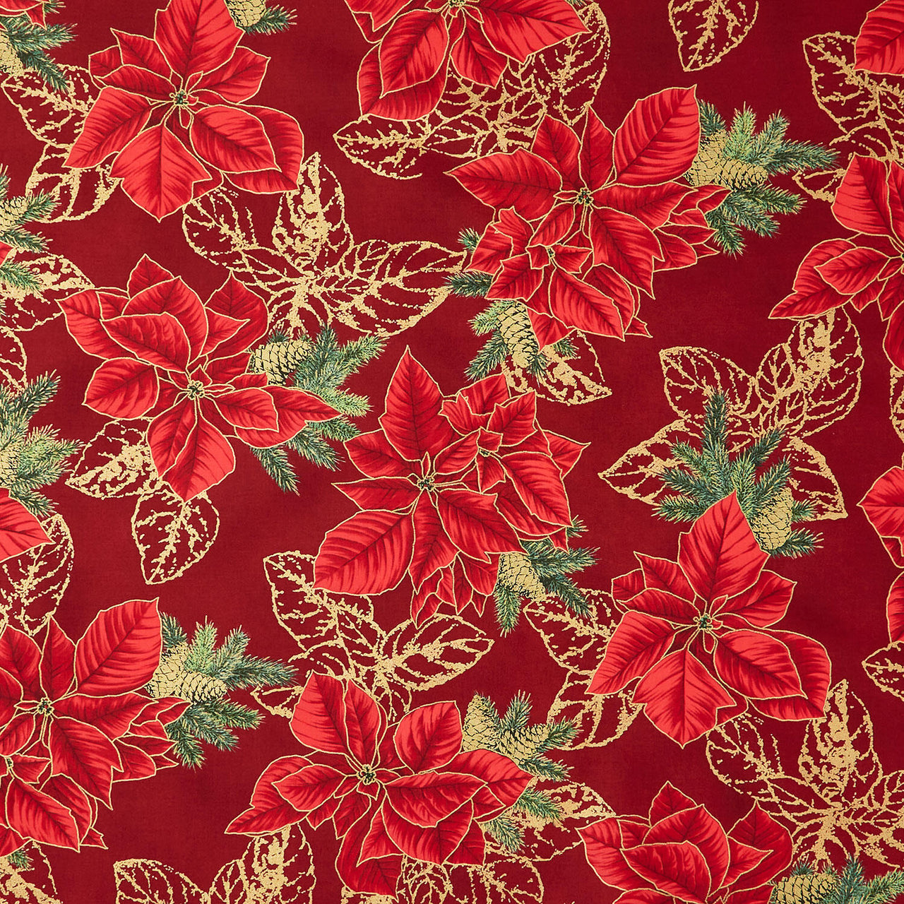 Holiday Flourish - Forest Glen Poinsettias Leaf Outlines Cranberry Metallic Yardage
