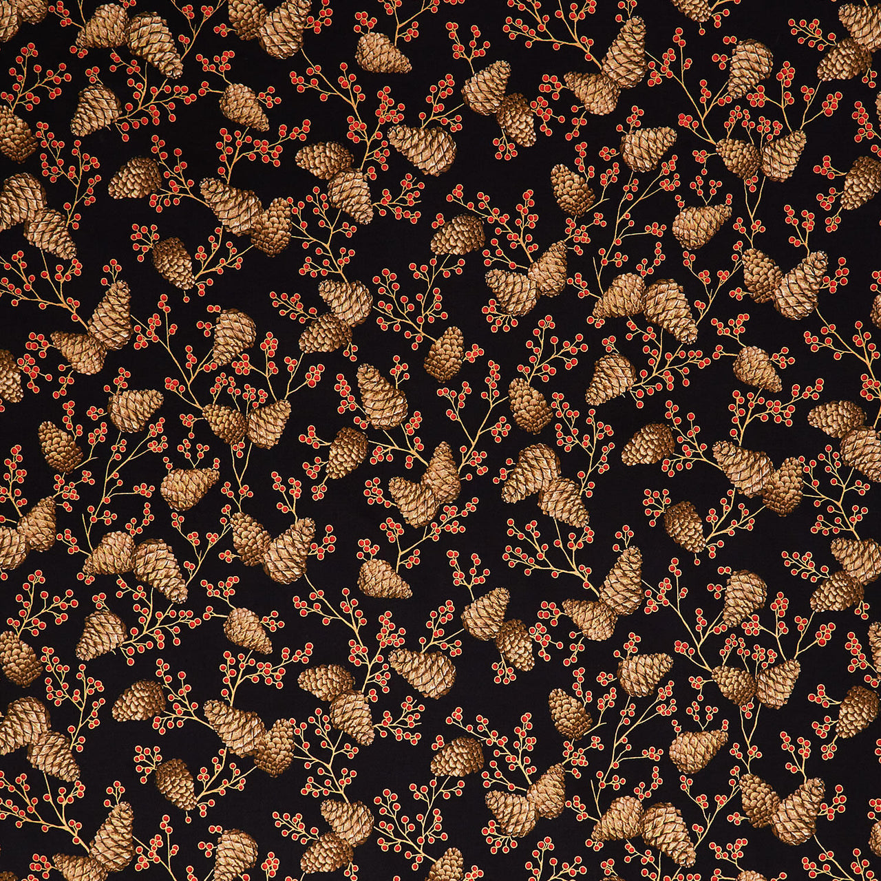 Holiday Flourish - Forest Glen Tossed Pinecones Berry Sprigs Black Metallic Yardage
