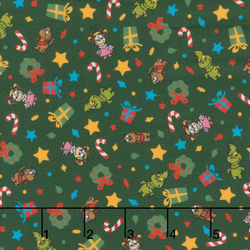 Little Grinch - Tossed Christmas Motifs Grinch Max Cindy Lou Green Yardage
