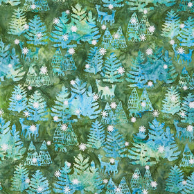 Artisan Batiks - Evergreen Ice Trees Deer Evergreen Yardage