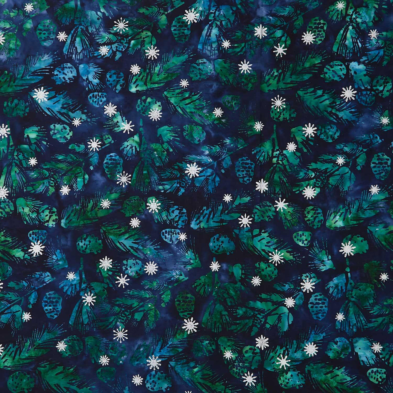 Artisan Batiks - Evergreen Ice Pine Sprigs Pine Cones Midnight Yardage
