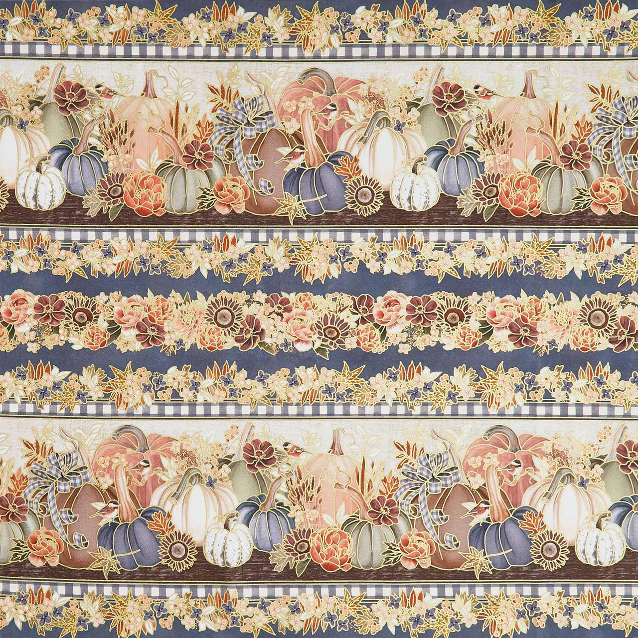 Hello Fall - Border Stripe, Florals, Pumpkins Denim Metallic Yardage