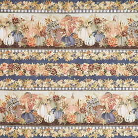 Hello Fall - Border Stripe, Florals, Pumpkins Denim Metallic Yardage