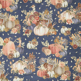 Hello Fall - Pumpkins, Birds, Florals Denim Metallic Yardage