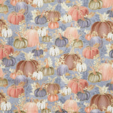 Hello Fall - Pumpkins, Fall Leaves Dusty Blue Metallic Yardage