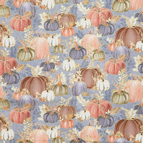 Hello Fall - Pumpkins, Fall Leaves Dusty Blue Metallic Yardage