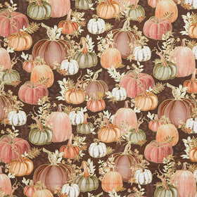Hello Fall - Pumpkins, Fall Leaves Chestnut Metallic Yardage