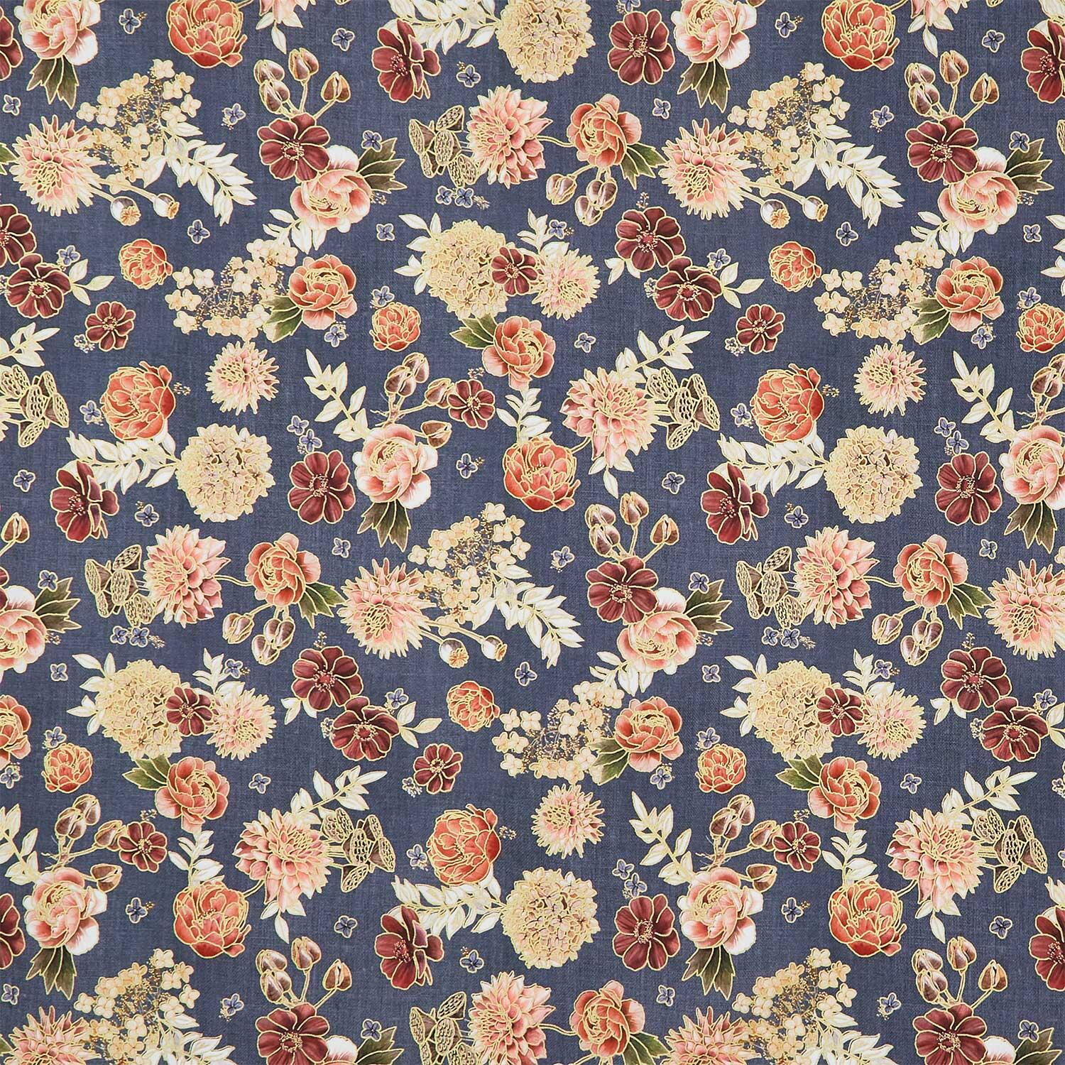 Hello Fall - Tossed Florals Denim Metallic Yardage