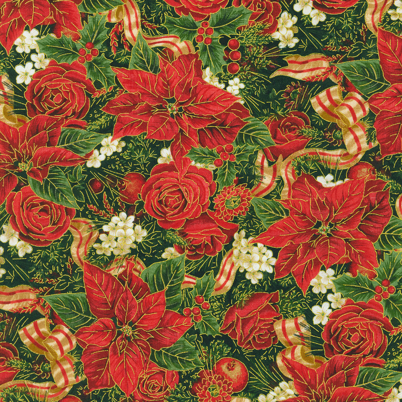 Holiday Extravagance - Poinsettia Black Metallic Yardage