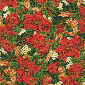 Holiday Extravagance - Poinsettia Black Yardage