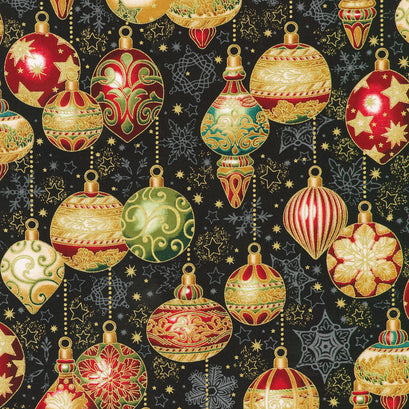 Holiday Flourish - Ornaments Black Metallic Yardage