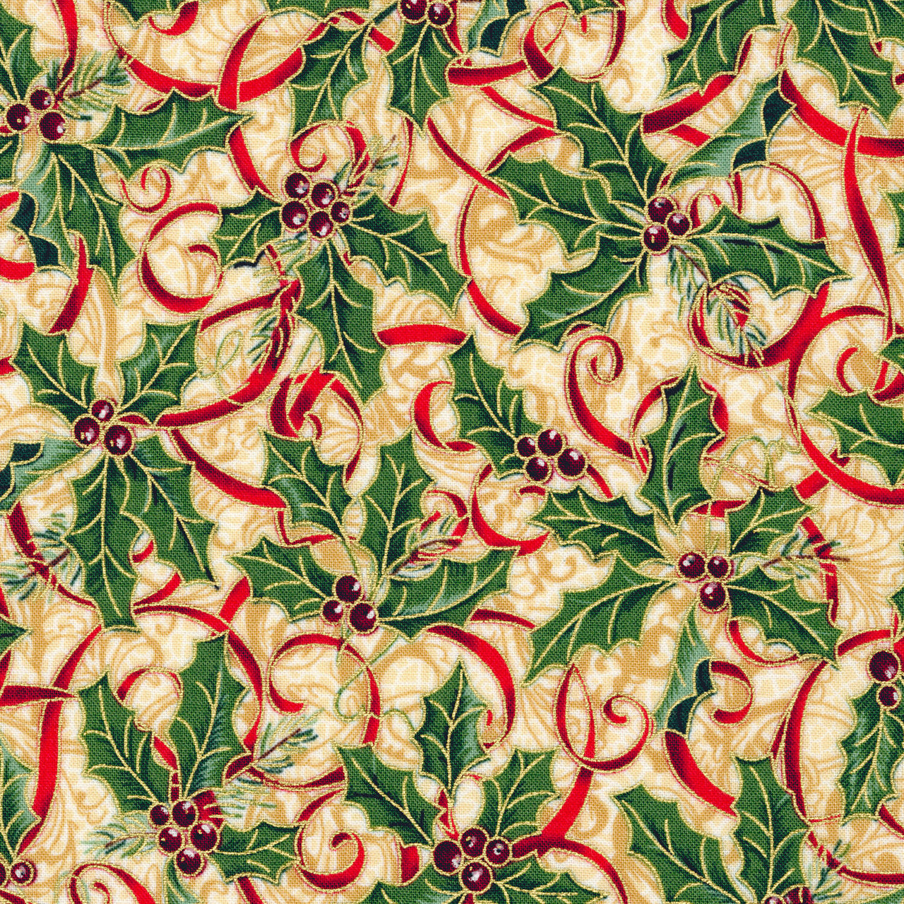 Woodland Splendor - Holly and Ribbons Natural Yardage