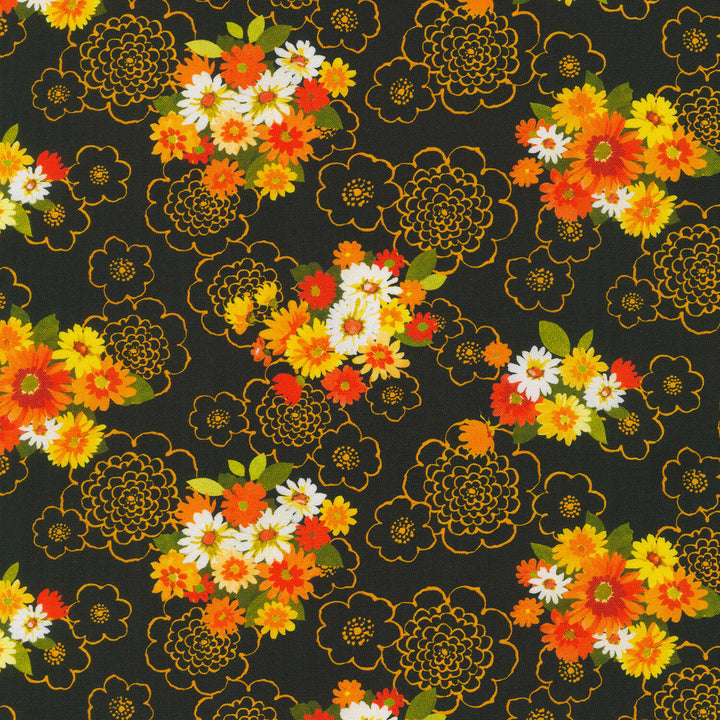 Cascading Flowers - Daisies Black Yardage