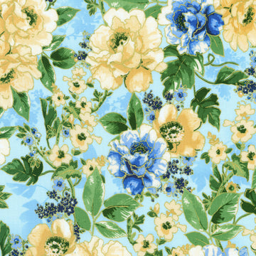 Decadent Garden - Flowers Blue Metallic Yardage