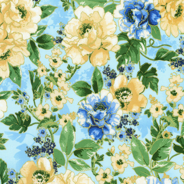 Decadent Garden - Flowers Blue Metallic Yardage