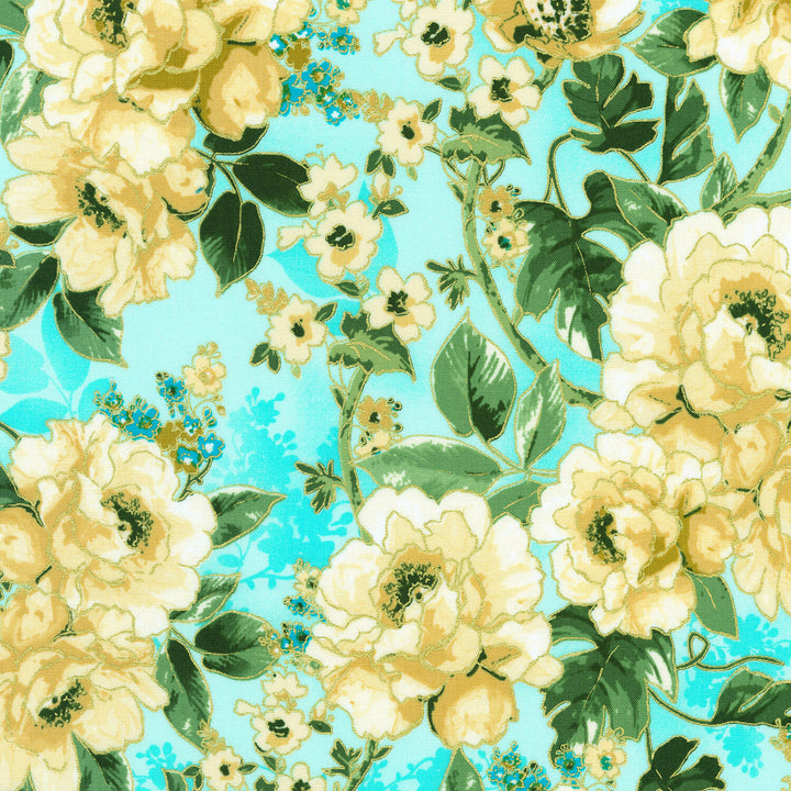 Decadent Garden - Large Floral Aqua Yardage