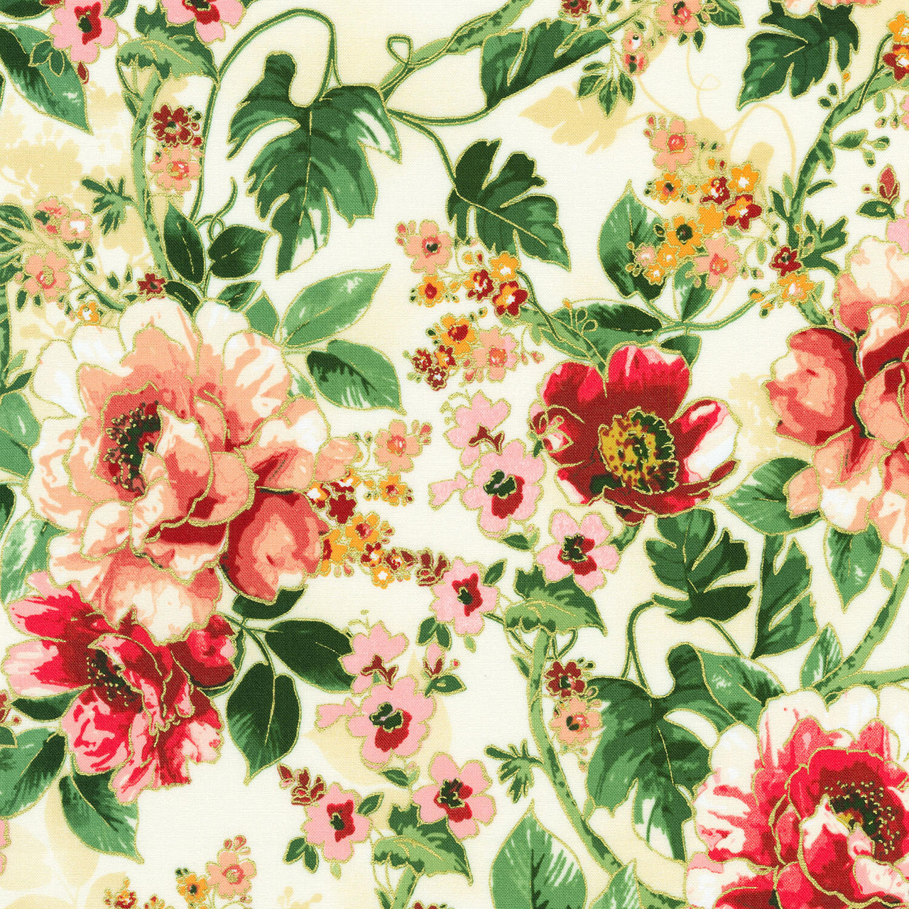Decadent Garden - Flowers Cream Metallic Yardage