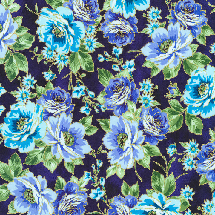 Decadent Garden - Flowers Navy Metallic Yardage