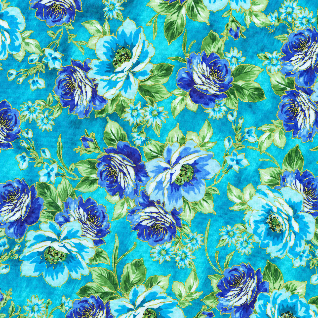 Decadent Garden - Flowing Flowers Turquoise Yardage
