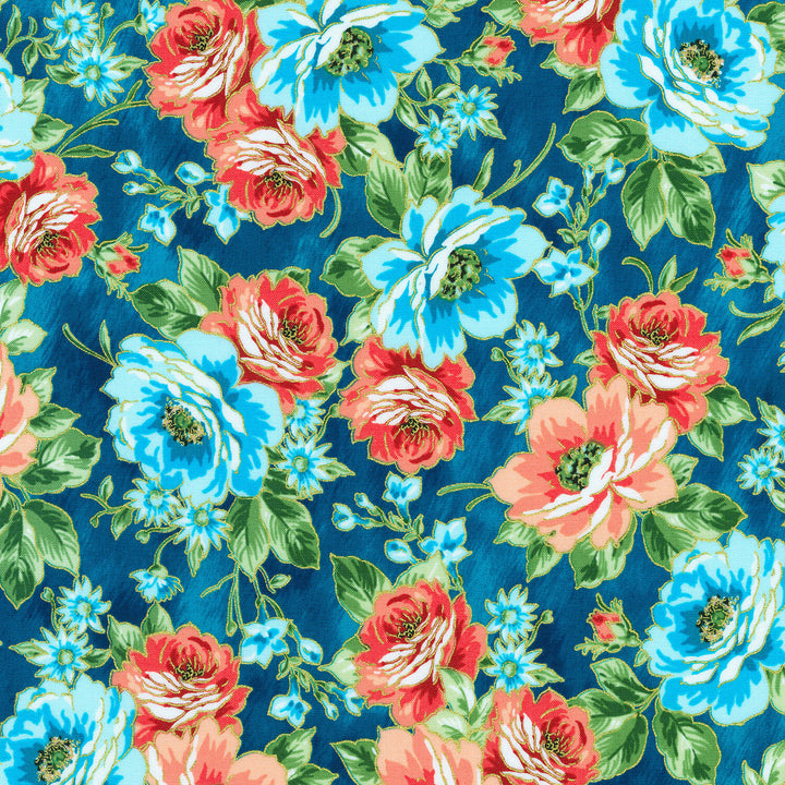 Decadent Garden - Flowing Flowers Teal Yardage