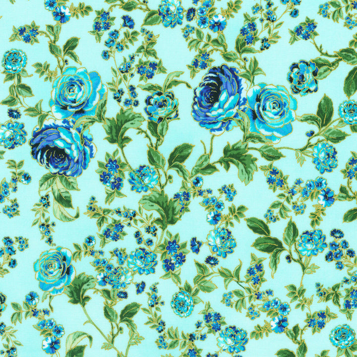 Decadent Garden - Sprawl Aqua Metallic Yardage