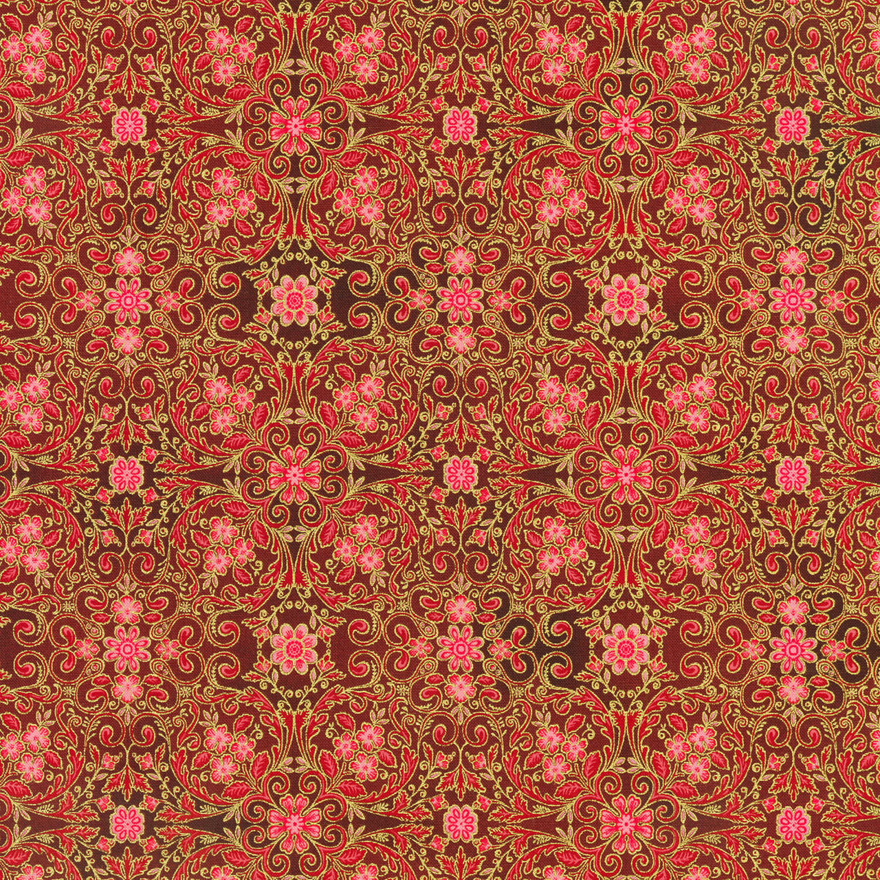 Decadent Garden - Florals Swirls Red Metallic Yardage