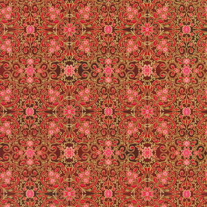 Decadent Garden - Florals Swirls Red Metallic Yardage