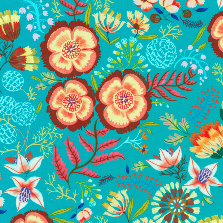 Faraway Florals - Packed Florals Turquoise Yardage