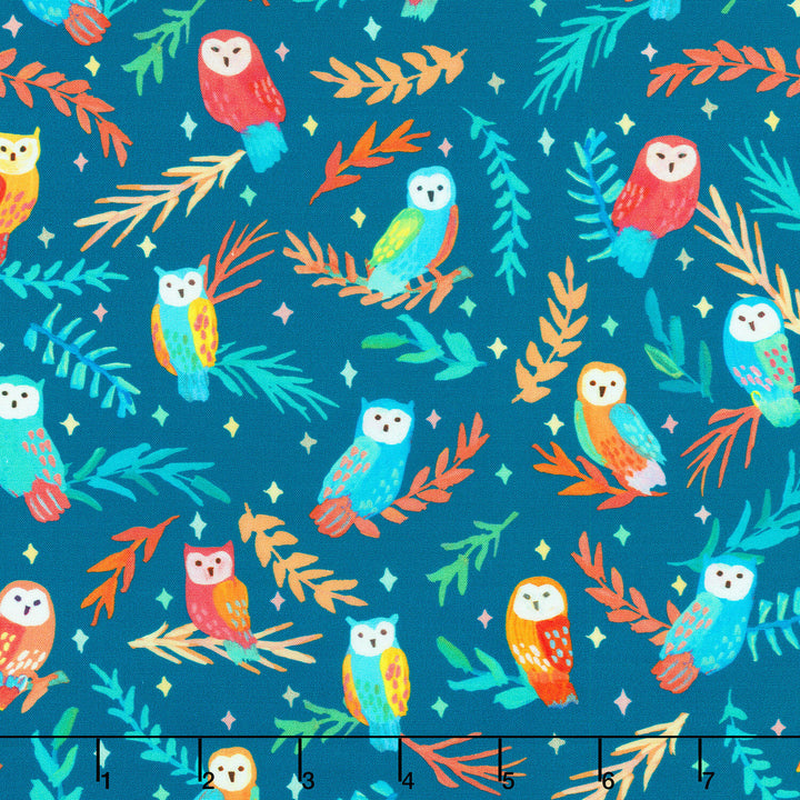 Garden Lights - Owls Teal Blue Yardage
