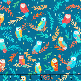 Garden Lights - Owls Teal Blue Yardage