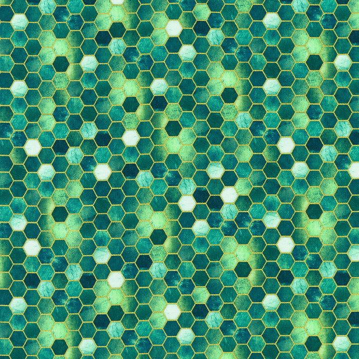 Golden Vibes - Honeycomb Turquoise Metallic Yardage