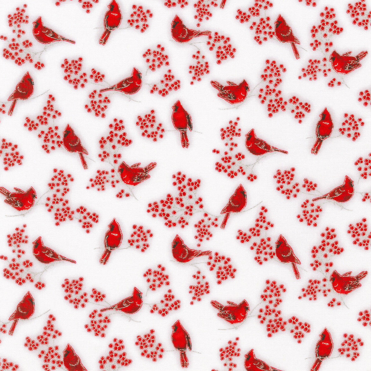 Holiday Charms - Small Cardinals And Berries Silver Yardage