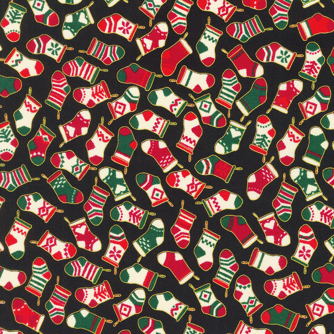 Holiday Charms - Holiday Colorstory - Stockings Evergreen Metallic Black Yardage