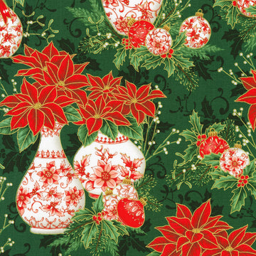 Holiday Flourish-Festive Finery - Poinsettia Vases Pine Yardage