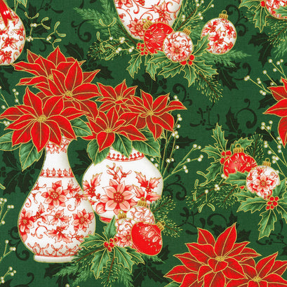 Holiday Flourish-Festive Finery - Poinsettia Vases Pine Yardage