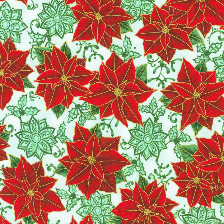 Holiday Flourish - Festive Finery Tossed Poinsettia Mint Yardage