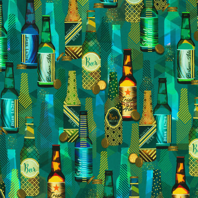 Happy Hour - Deco Beer Bottles Teal Yardage