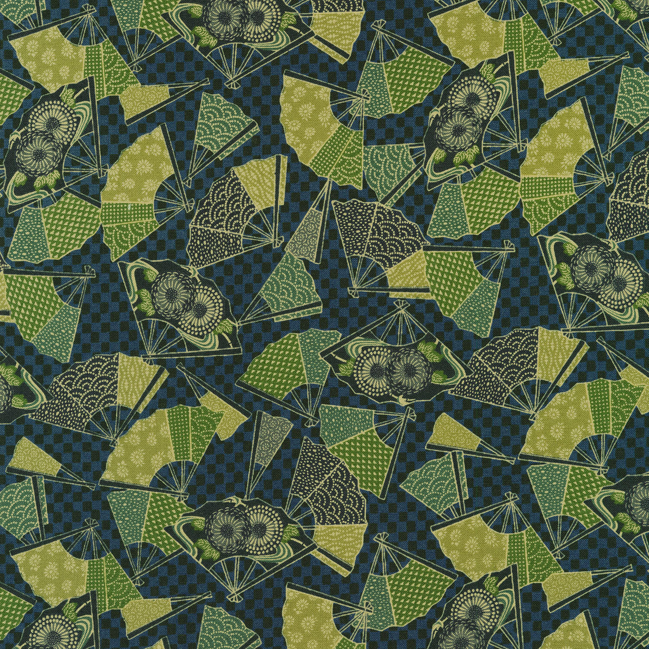 Kyoto Gardens - Tossed Fans Blue Yardage