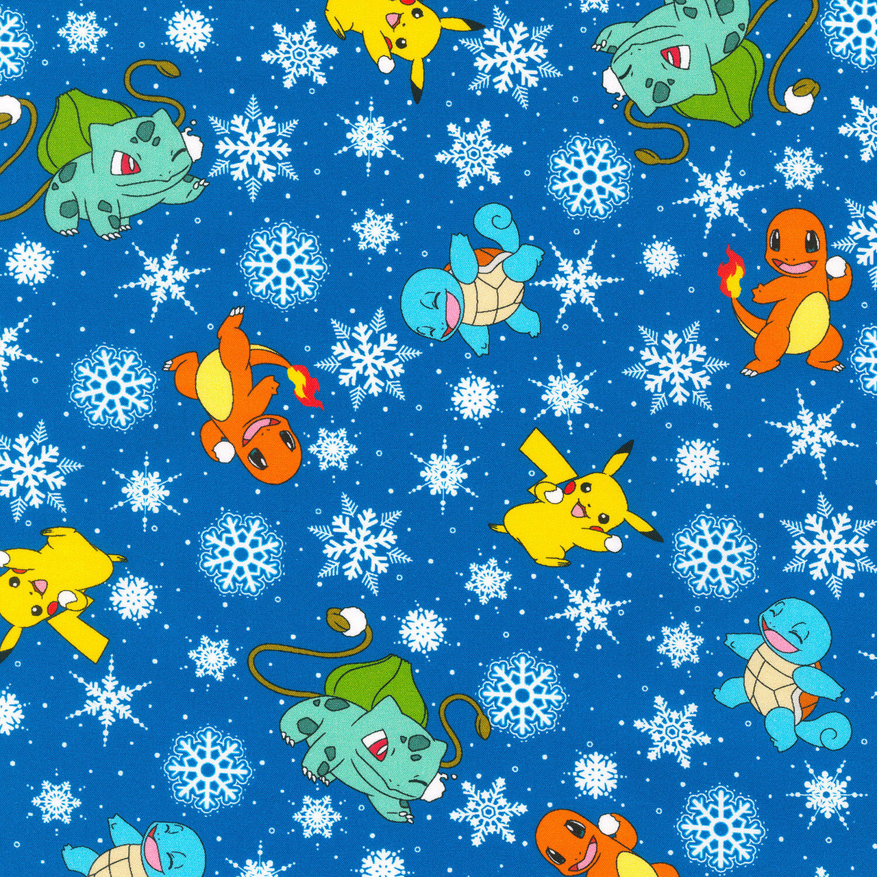 Pikachu's Holiday - Characters and Snowflakes Blue Yardage