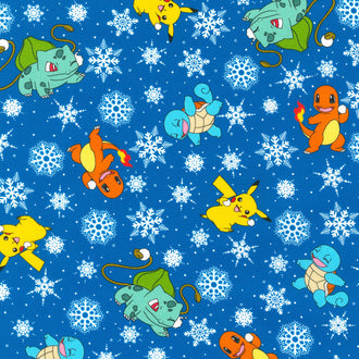 Pikachu's Holiday - Characters and Snowflakes Blue Yardage