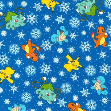 Pikachu's Holiday - Characters and Snowflakes Blue Yardage