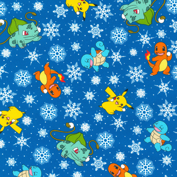 Pikachu's Holiday - Characters and Snowflakes Blue Yardage