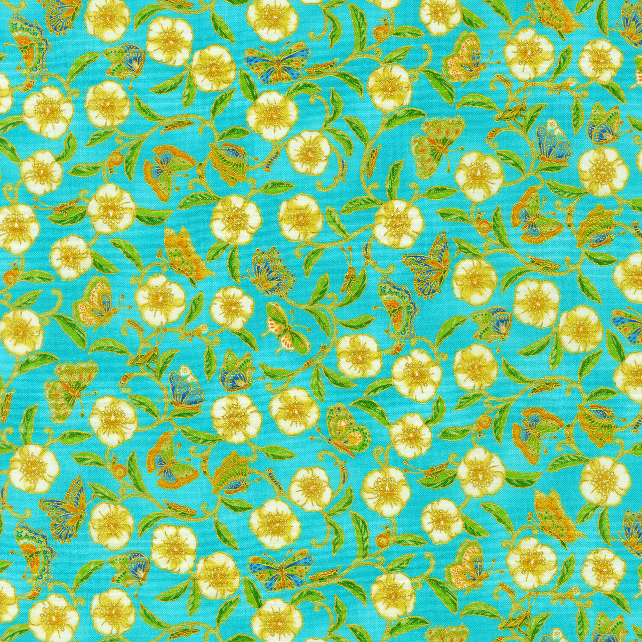 Parvaneh's Butterflies - Flowers Aqua Metallic Yardage