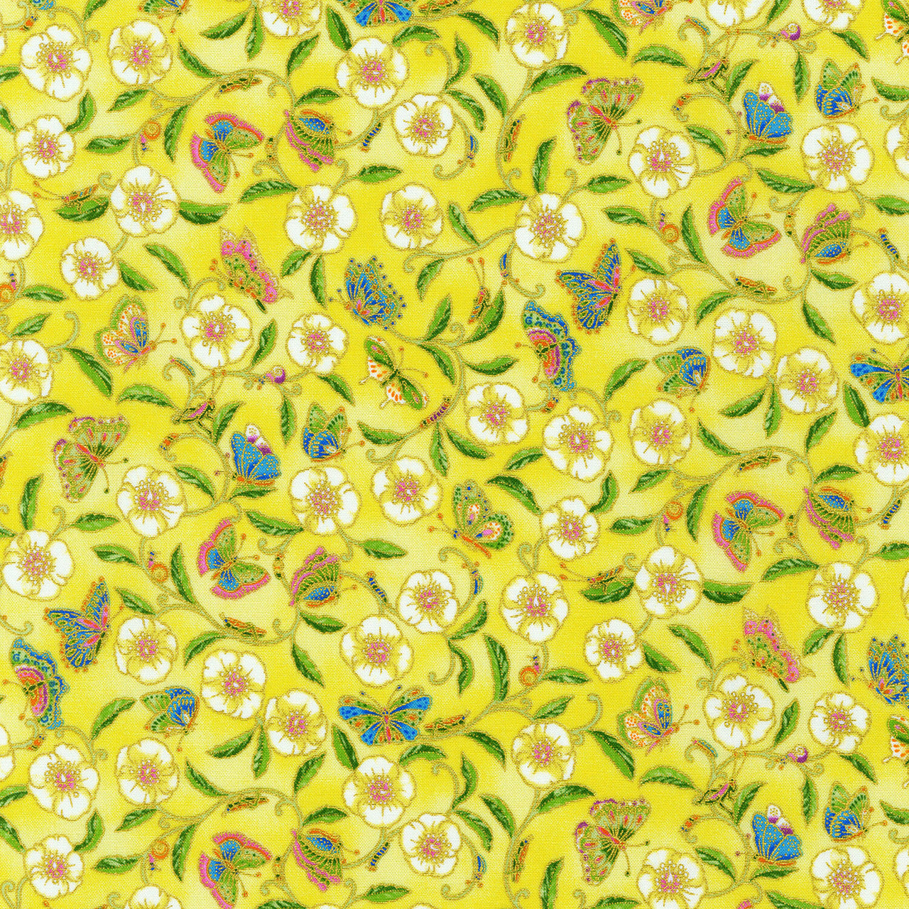 Parvaneh's Butterflies - White Flowers Buttercup Metallic Yardage