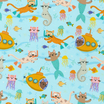 Seafaring Whiskers - Cats Swimming Sea Mist Yardage