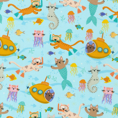 Seafaring Whiskers - Cats Swimming Sea Mist Yardage