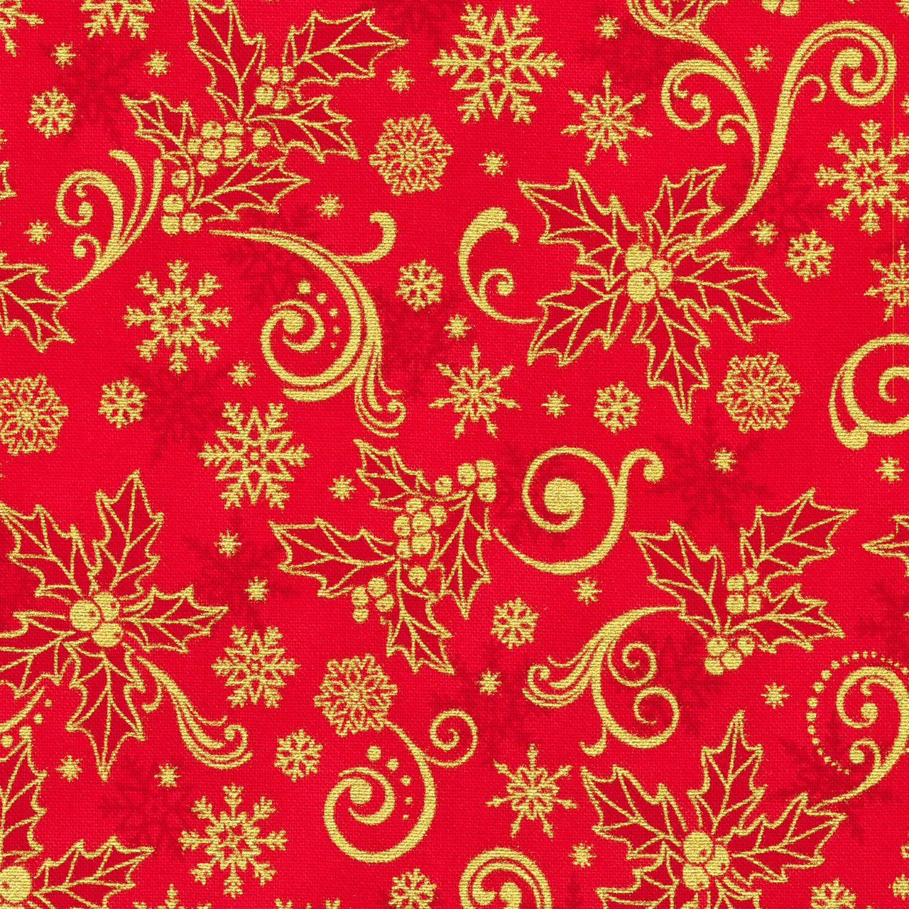 Traditional Trimmings - Poinsettia and Snowflakes Metallic Red Yardage