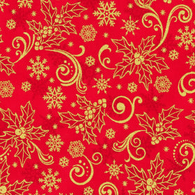 Traditional Trimmings - Poinsettia and Snowflakes Metallic Red Yardage